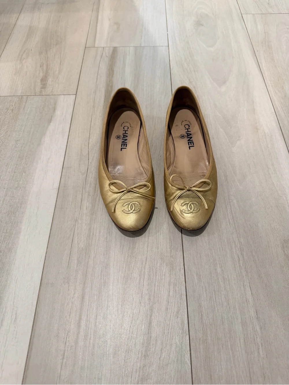 CHANEL Classic Leather Ballet Flats in Gold Size 38